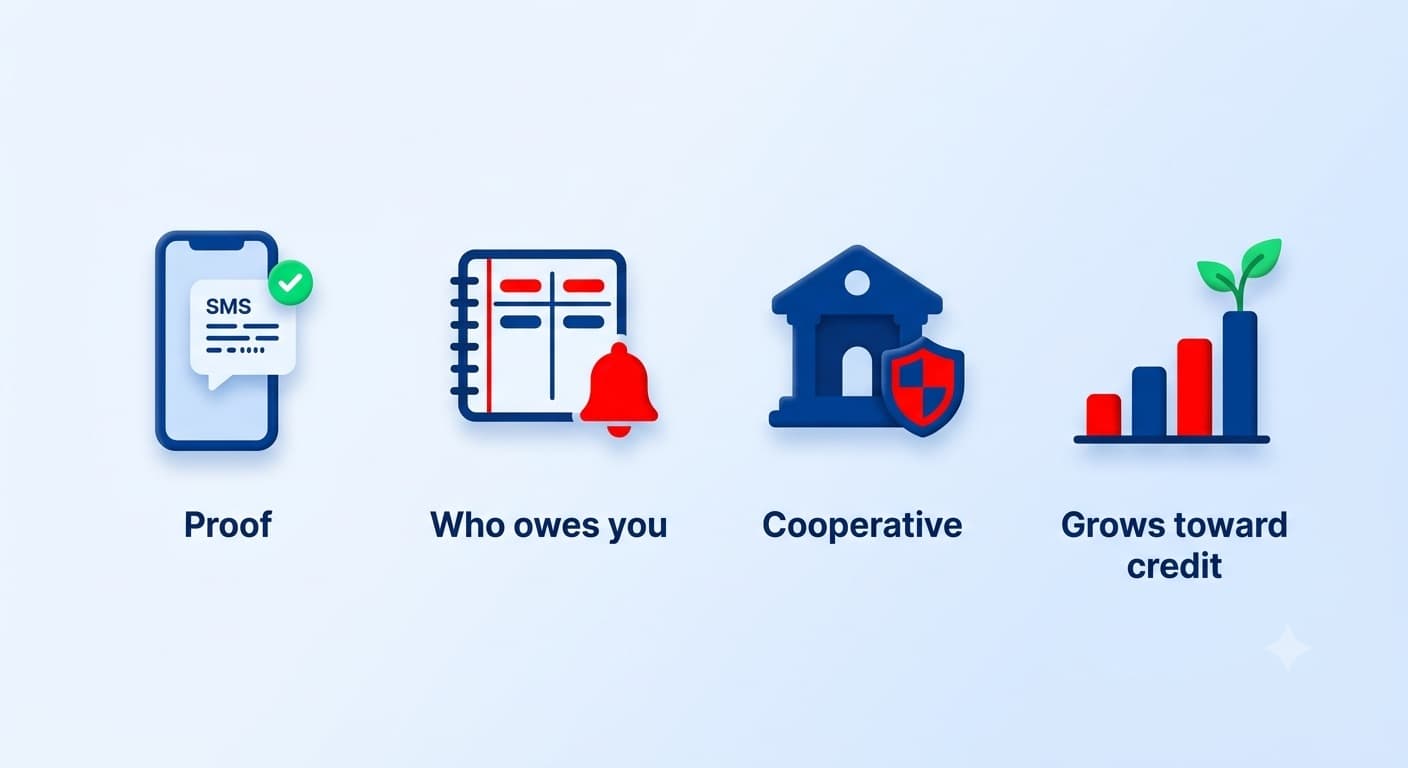 What you get with Trustee: proof of every deposit, know who owes you, cooperative-backed, grows toward credit